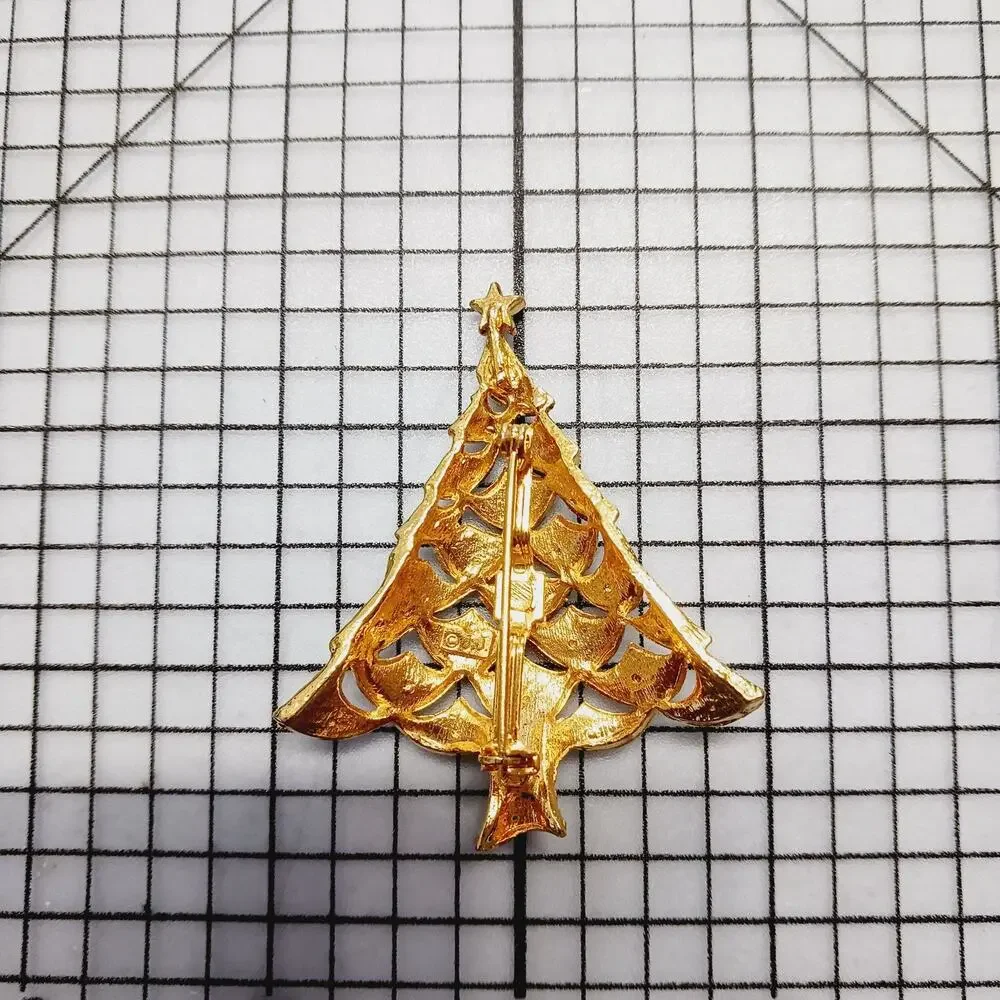 Broch Pin VTG JJ Jonette Christmas Tree Gold Tone Rhinestones Holiday Lisker